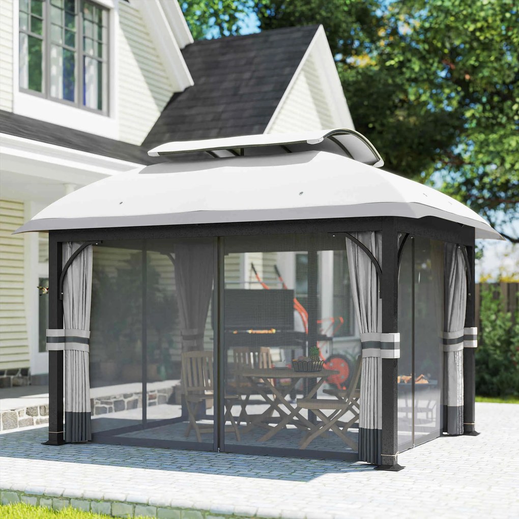 Outsunny Pavilion de Grădină cu Perdele, Plasă, Acoperiș Ventilat și Cadru Metalic Galvanizat, 395x330x294 cm, Gri | Aosom Romania
