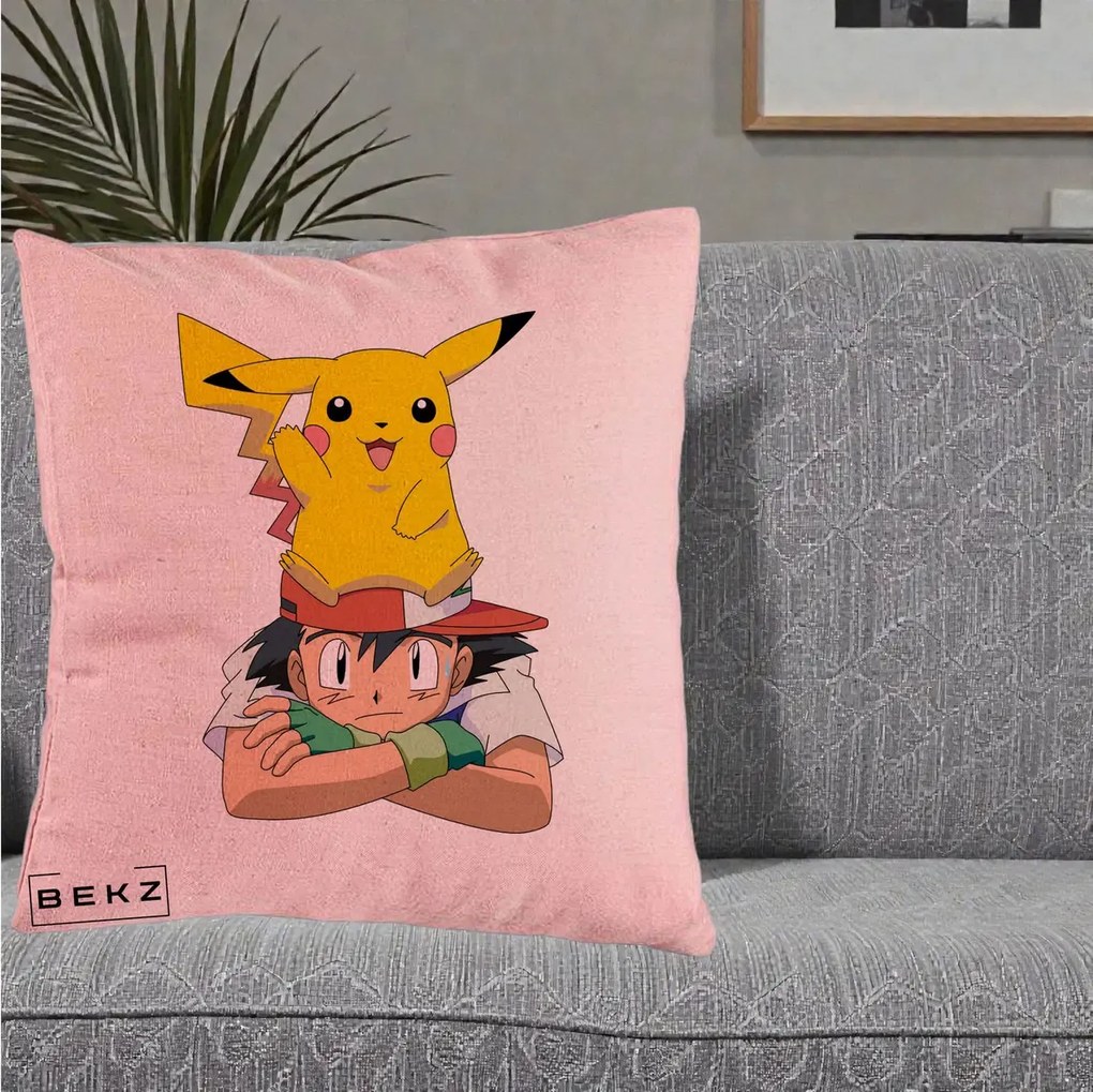 Perna Personalizata Ash si Pikachu, 40x40 cm, Roz, Husa Detasabila, Perna Inclusa, BEKZ®