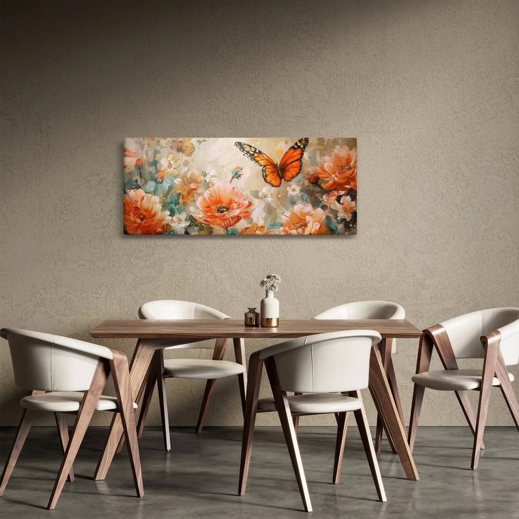 Tablou - Fluture și flori, pictură în ulei (120x50 cm)