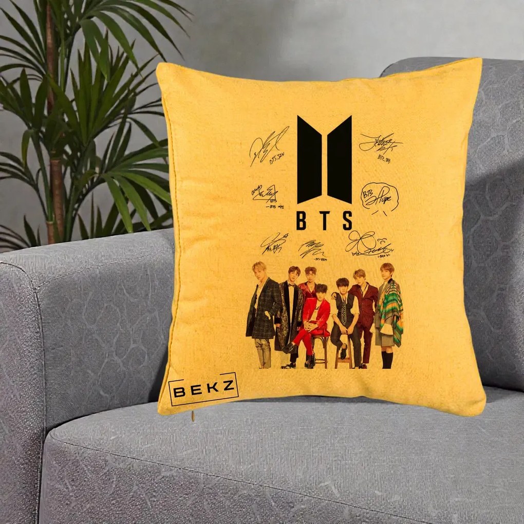 Perna Personalizata K-pop BTS Semnaturi Foto, 40x40 cm, Galben, Husa Detasabila, Perna Inclusa, BEKZ®