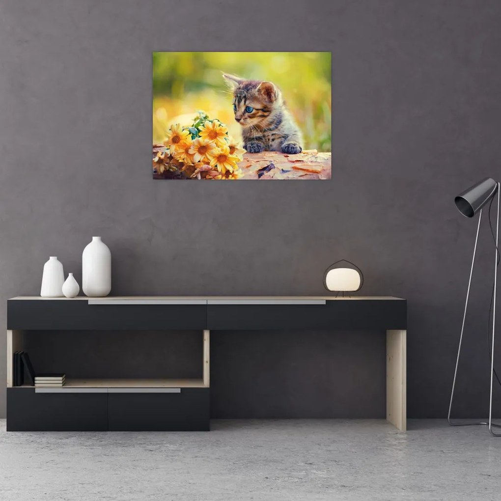 Tablou cu pisicuța uitându-se la floare (70x50 cm)