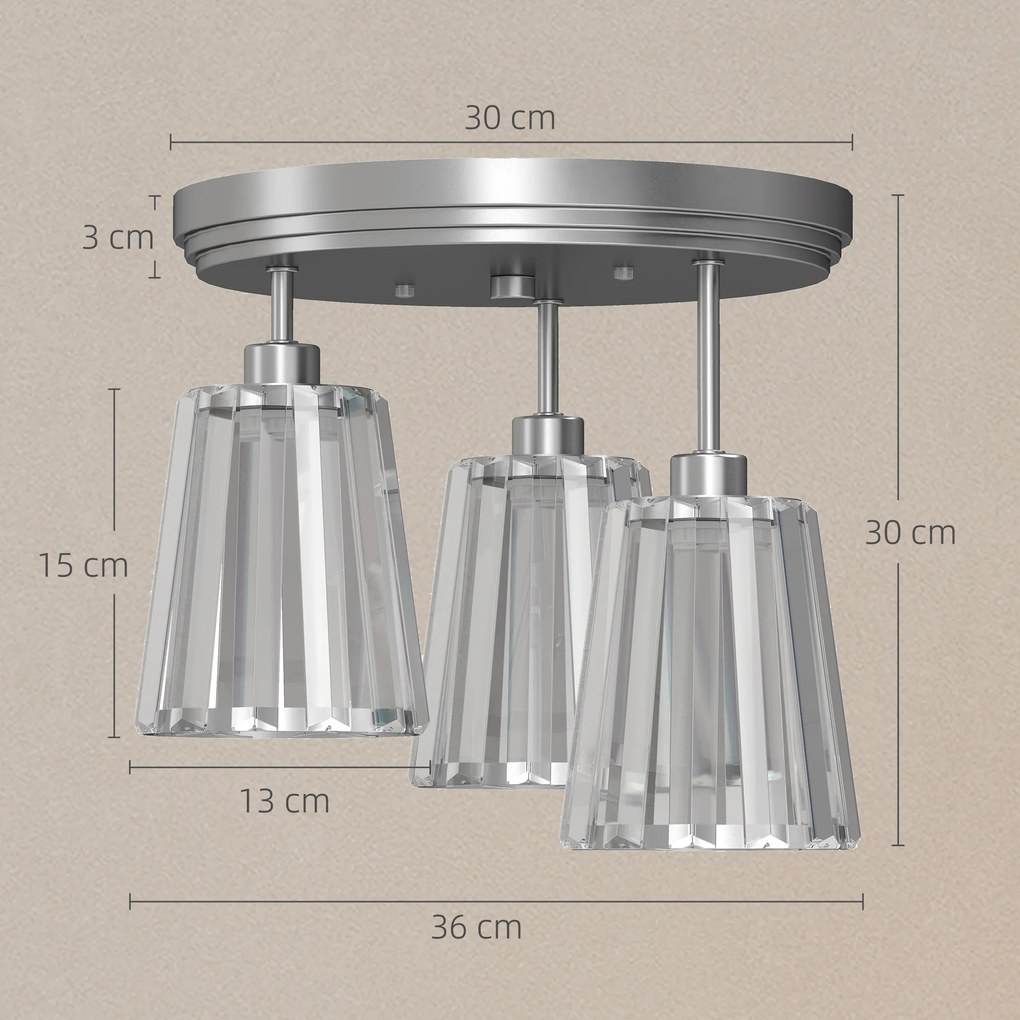 HOMCOM Plafonieră LED din Cristal cu 3 Lumini, Dulii E27, fără Becuri, pentru Living, Argintie | Aosom Romania