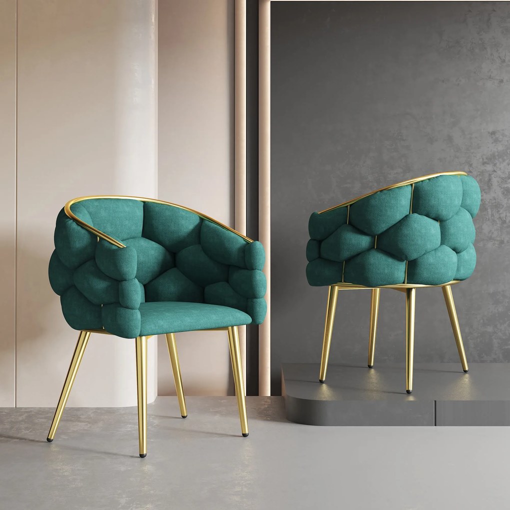 Scaun de lux din catifea, scaun de prânz cu picioare din fier auriu, suporturi frontale reglabile și spătar confortabil, 50×47×80 cm, Verde Închis