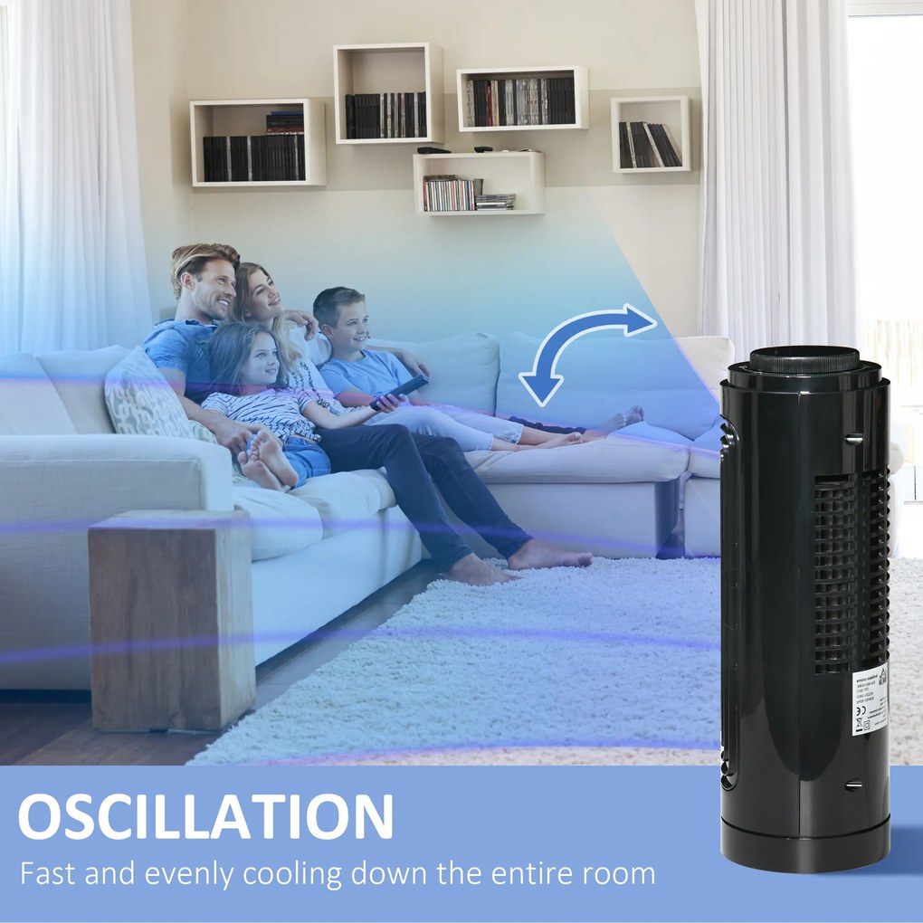 HOMCOM Ventilator Oscilant de Coloană, 3 Viteze, Design Compact, ABS și Cupru, Negru | Aosom Romania