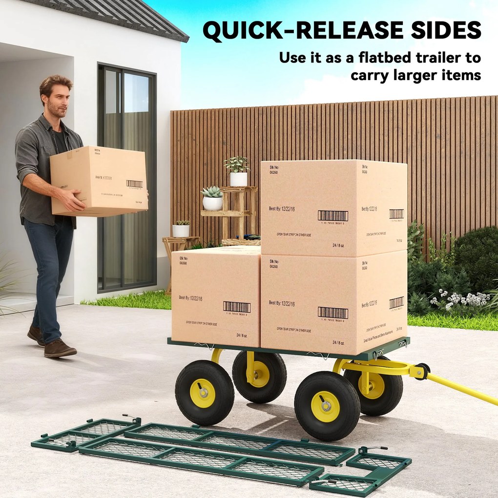 Outsunny Cărucior de Grădină Robust, Remorcă din Oțel cu Pereți Laterali Detașabili, Convertibil în Platformă, Roți de 25cm, Mâner Rotativ la 180°, Capacitate 200 kg, pentru Plajă, Peluză și Grădină, Verde | Aosom Romania