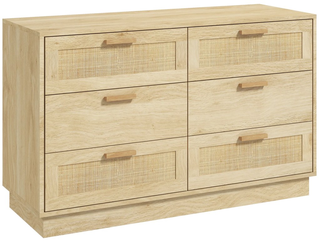 HOMCOM Comodă design boem din ratan cu 6 sertare, mobilier de depozitare pentru living, hol, intrare, stejar | Aosom Romania