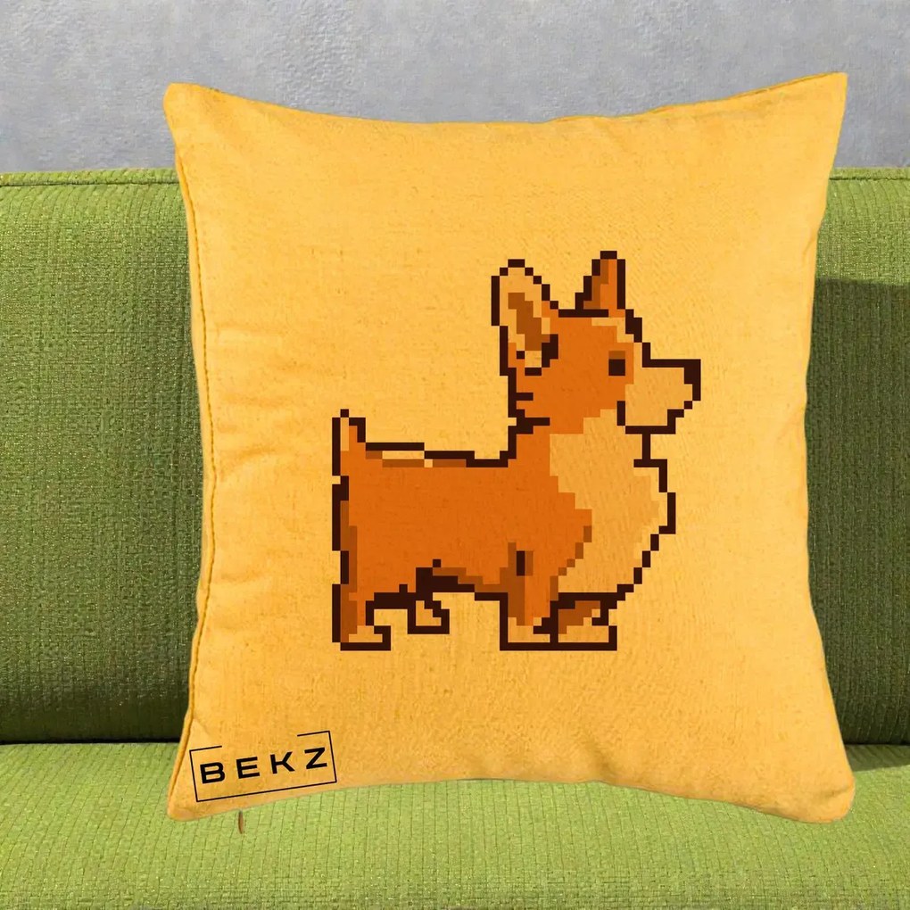 Perna Personalizata Corgi Pixel Art, 40x40 cm, Galben, Husa Detasabila, Perna Inclusa, BEKZ®