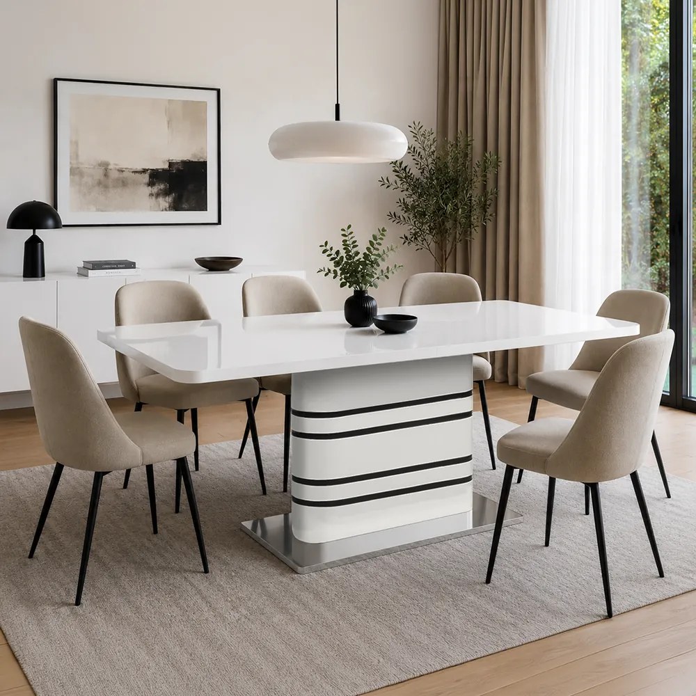 Masă dining extensibilă, alb HG extra lucios/dungi negre, 160-200x90 cm, TUBAL