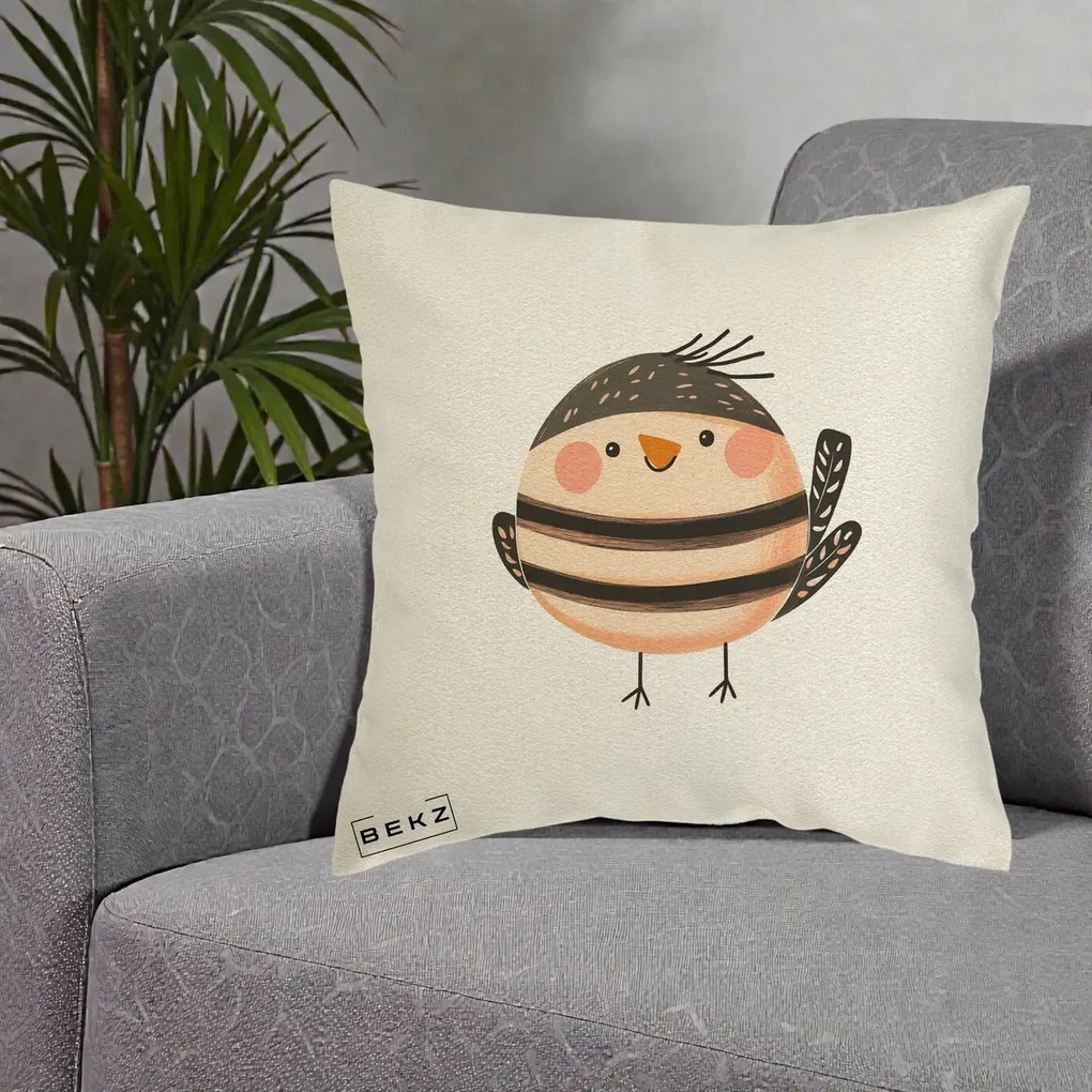 Perna Decorativa Pui Kawaii Bej-Negru Dungat, 40x40 cm, Ecru, Husa Detasabila, Perna Inclusa, BEKZ®