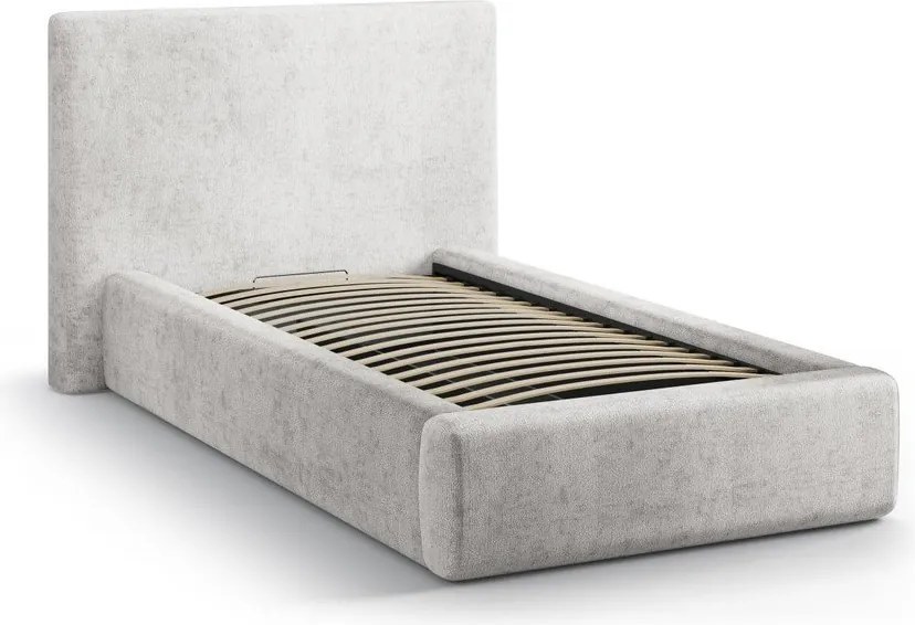 Pat gri deschis tapițat cu spațiu de depozitare cu somieră 90x200 cm Amy – Micadoni