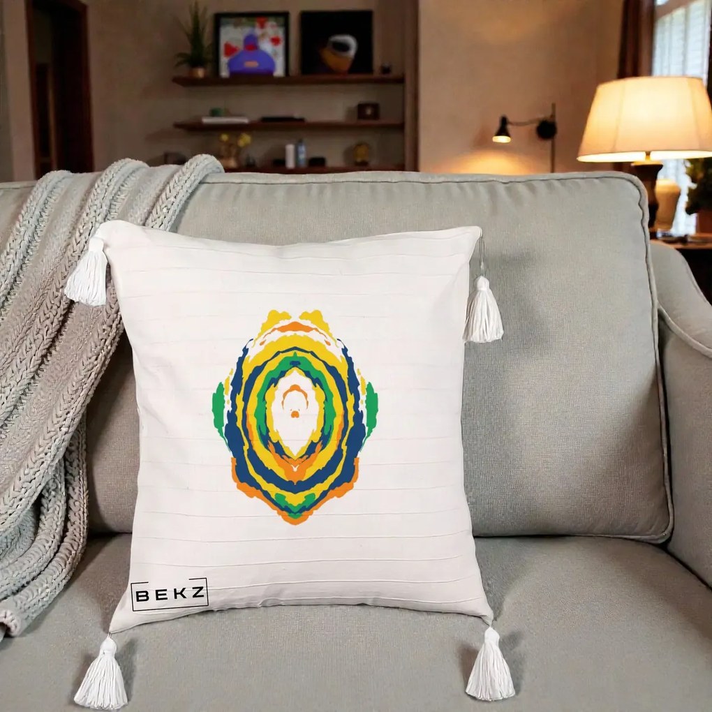 Perna Decorativa Oval Abstract Multicolor, 40x40 cm, Bej cu Franjuri, Husa Detasabila, Perna Inclusa, BEKZ®