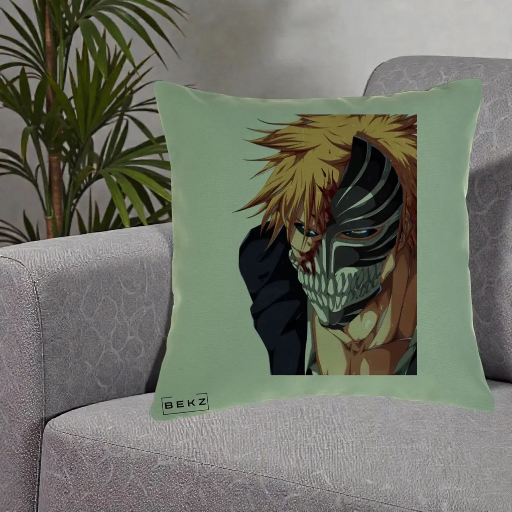 Perna Personalizata Bleach Ichigo Masca Hollow, 40x40 cm, Verde, Husa Detasabila, Perna Inclusa, BEKZ®