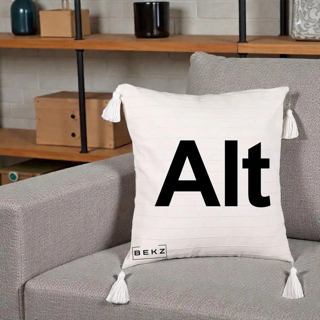 Perna Personalizata Tasta Alt Tipografie Bold, 40x40 cm, Bej cu Franjuri, Husa Detasabila, Perna Inclusa, BEKZ®