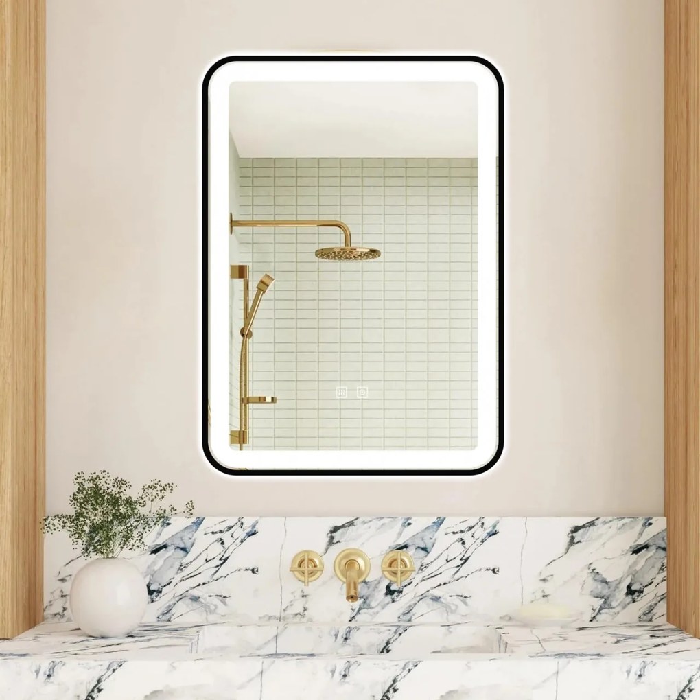 Oglindă Baie LED și Dezaburire Elit's Premium cu Senzor Touch, Lumina Rece, Caldă și Neutră, 50x70cm, cu rama Negru Antichizat