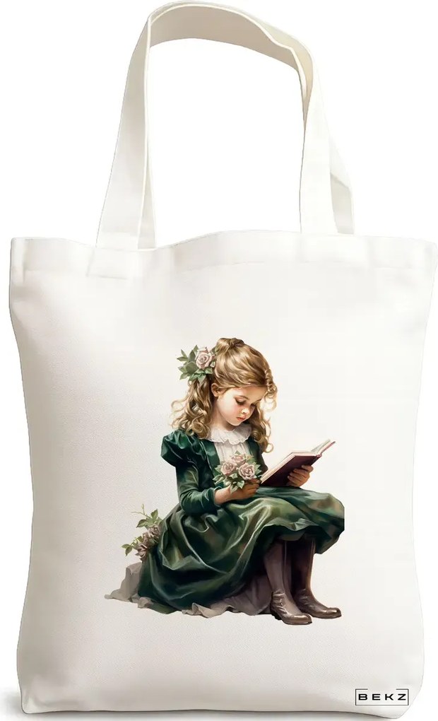 Sacosa de Panza pentru Cumparaturi, Geanta Tote, model The bookie girl 18 38 x 34.5 cm, Alba, BEKZ®