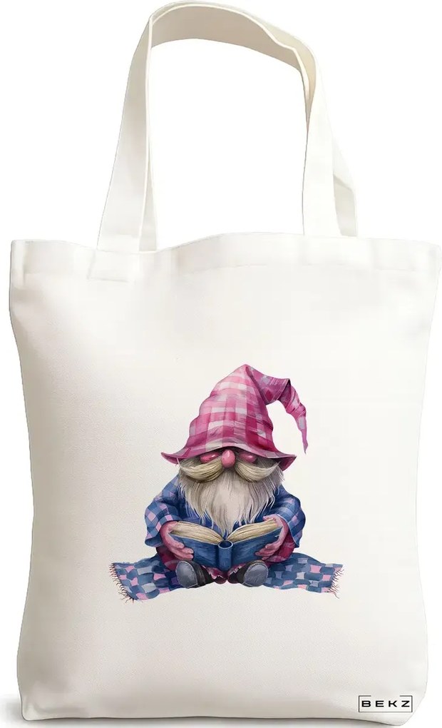 Sacosa de Panza pentru Cumparaturi, Geanta Tote, model The Bookish Gnome 12 38 x 34.5 cm, Alba, BEKZ®