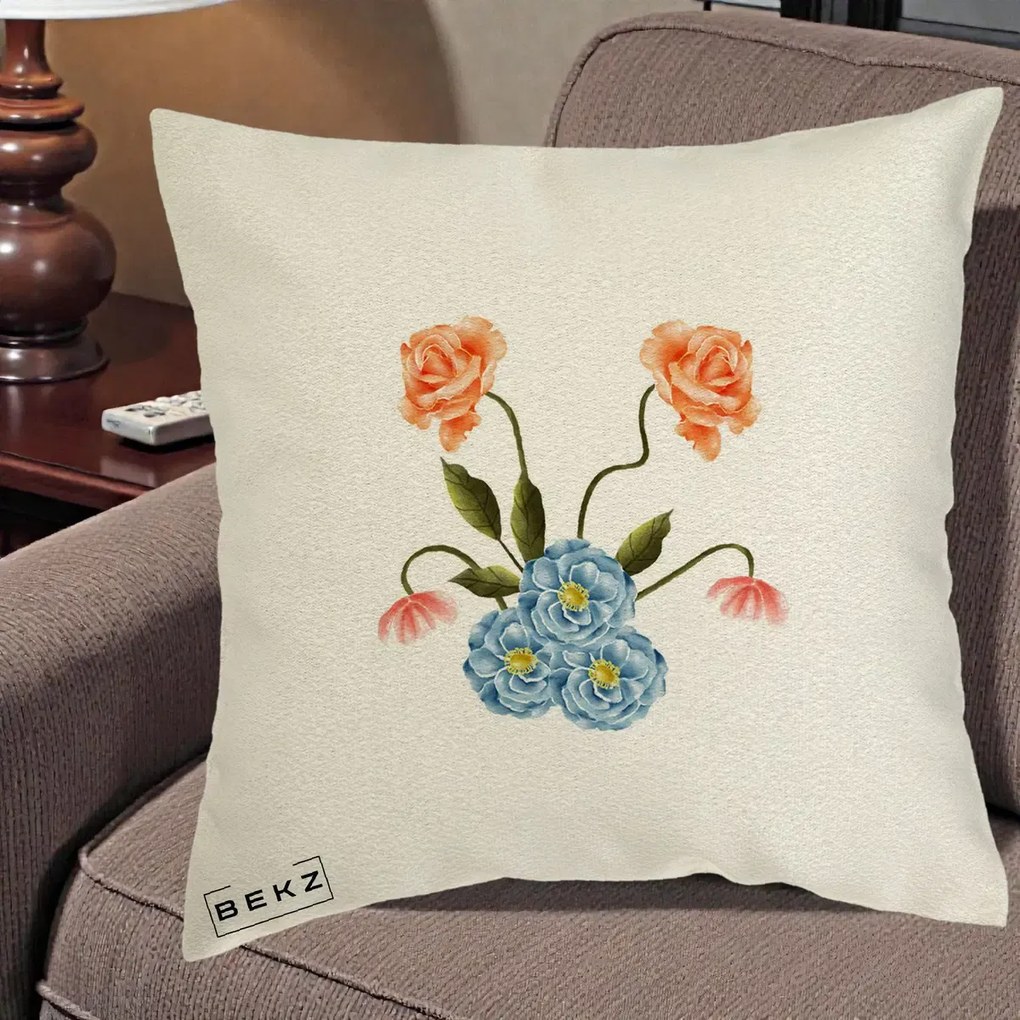 Perna Decorativa Trandafiri si Bujori Acuarela, 40x40 cm, Ecru, Husa Detasabila, Perna Inclusa, BEKZ®