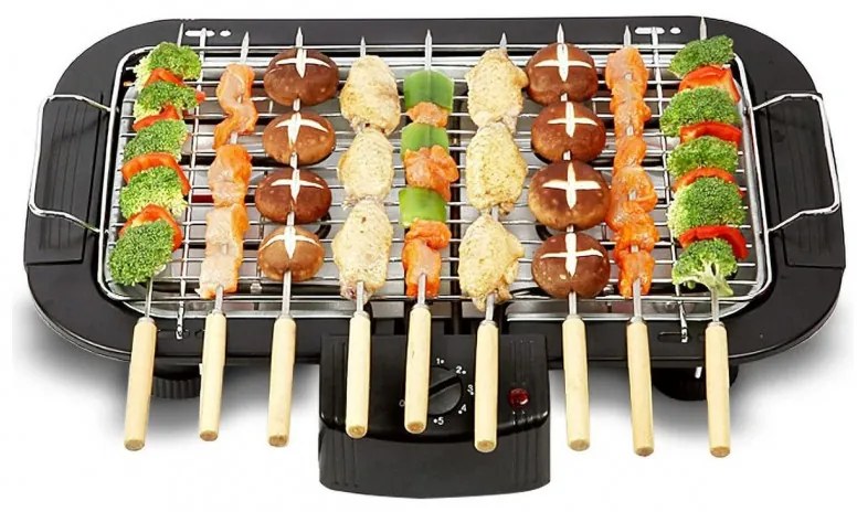 Gratar electric Royalty Line RL-SBGT2000, 2000W, 38x28 cm, Suport pliabil, 200°C, Termostat, Tava de scurgere, Negru