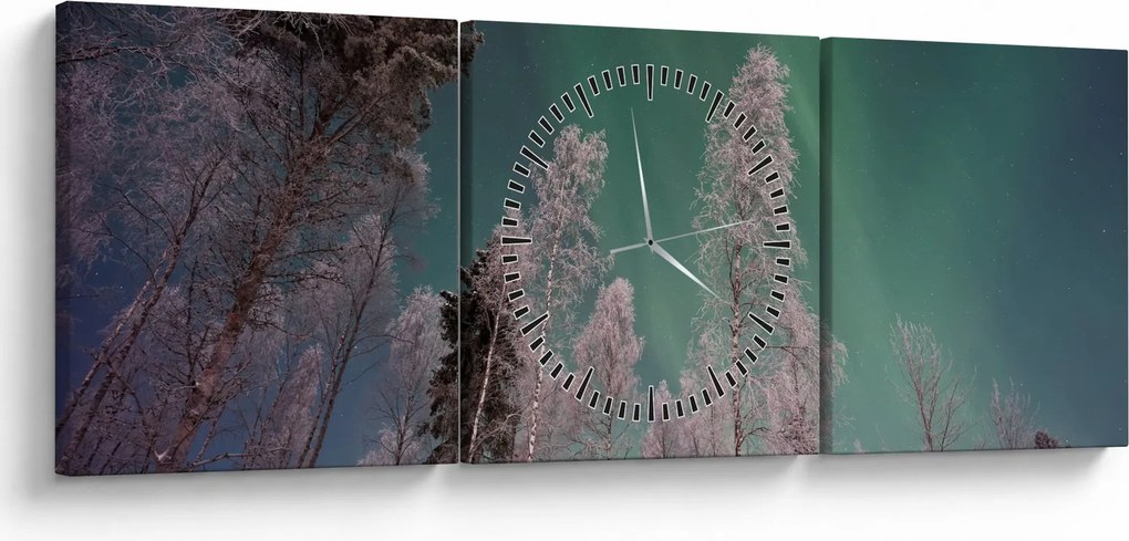 Tablou cu aurora borealis deasupra pomilor înghețați (cu ceas) (90x30 cm)