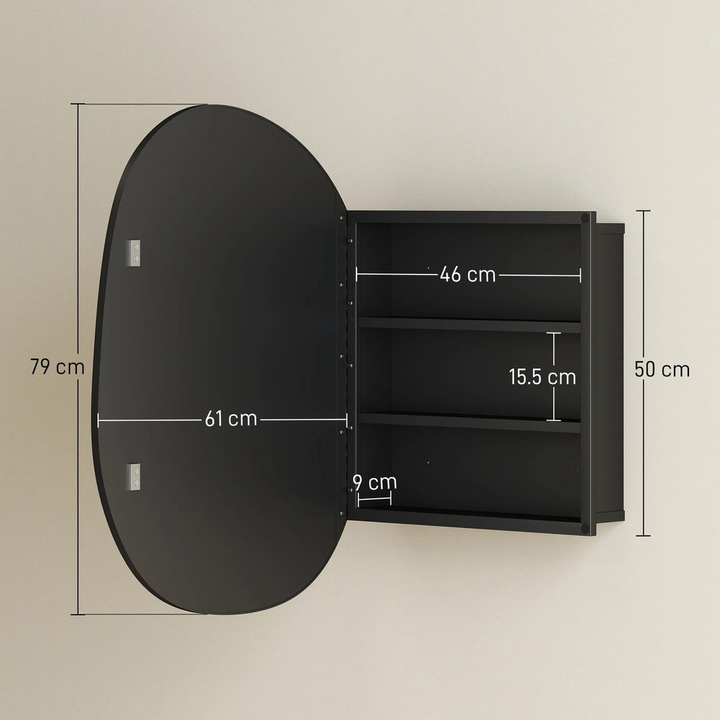 HOMCOM Dulap Baie cu Oglindă și 3 Rafturi, 61x12x79 cm, Formă Neregulată, Dulap Montabil pe Perete, Negru | Aosom Romania