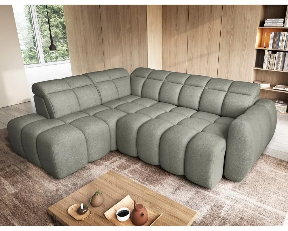 Colțar verde prăfuit extensibil/cu spațiu de depozitare cu tapițerie din țesătură bouclé (cu colț pe partea stângă/în formă de ”L”) Falconn – ELTAP