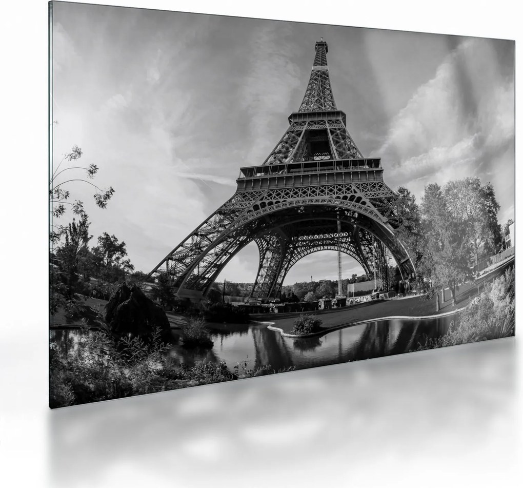 Tablou pe sticlă - Turnul Eiffel, alb-negru (70x50 cm)