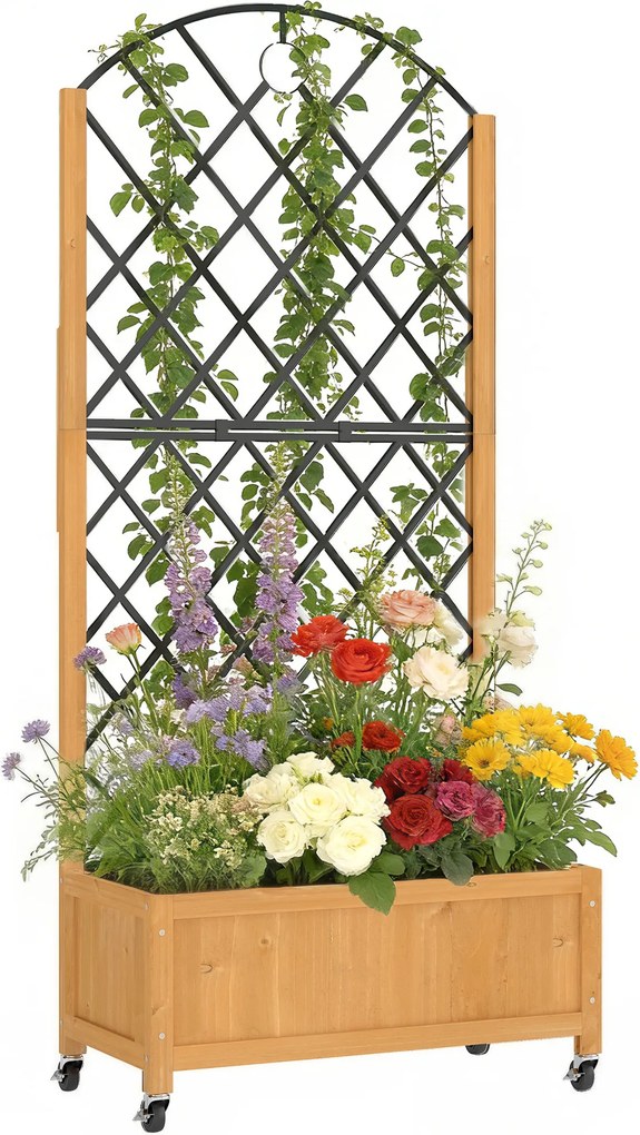 Outsunny Jardinieră înaltă cu grilaj metalic, jardiniere din lemn cu roți, jardinieră outdoor, maro | Aosom Romania