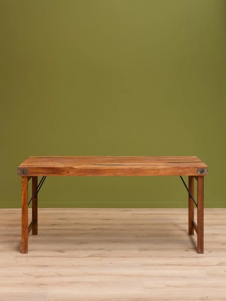 Masă pliabilă din lemn reciclat și metal, cu blat patinat și picioare pliabile, natur, finisaj satinat, 165×76×76 cm, „Marolles"