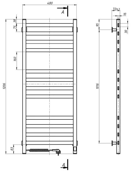 Radiator de baie tip scară AVANGARD cu termostat, 459W/230V, 120,6 cm, IP44, alb, stânga
