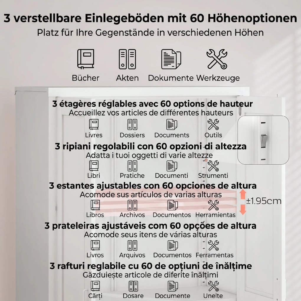 HOMCOM Dulap pentru Birou în Oțel cu 3 Rafturi Reglabile cu Serratură și 2 Chei, 80x40x175 cm, Alb | Aosom Romania
