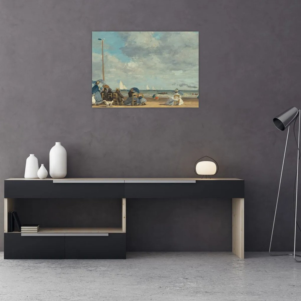 Tablou pe sticlă - Eugène Boudin, Beach  at Trouville, reproducere (70x50 cm)