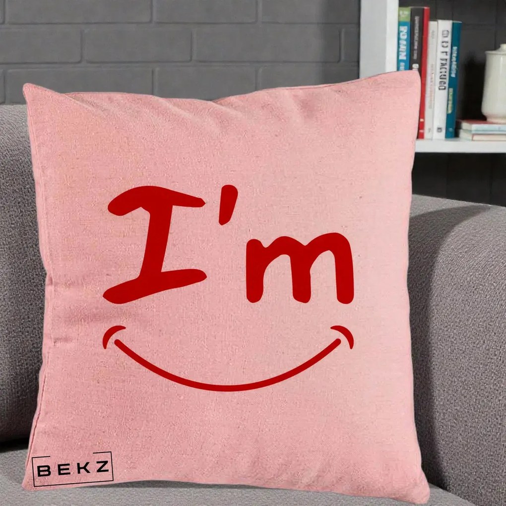 Perna Decorativa I'm Happy Smile, 40x40 cm, Roz, Husa Detasabila, Perna Inclusa, BEKZ®