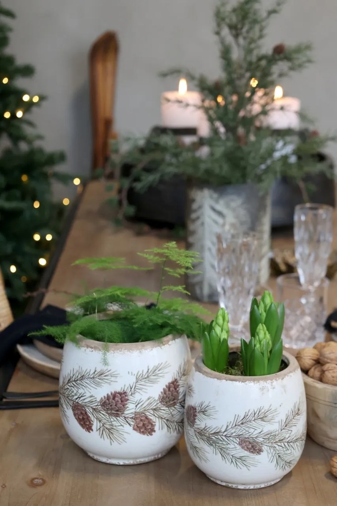 Ghiveci decorativ crem din ceramică, cu motive de ghirlande de brad, D15 cm „Garland”