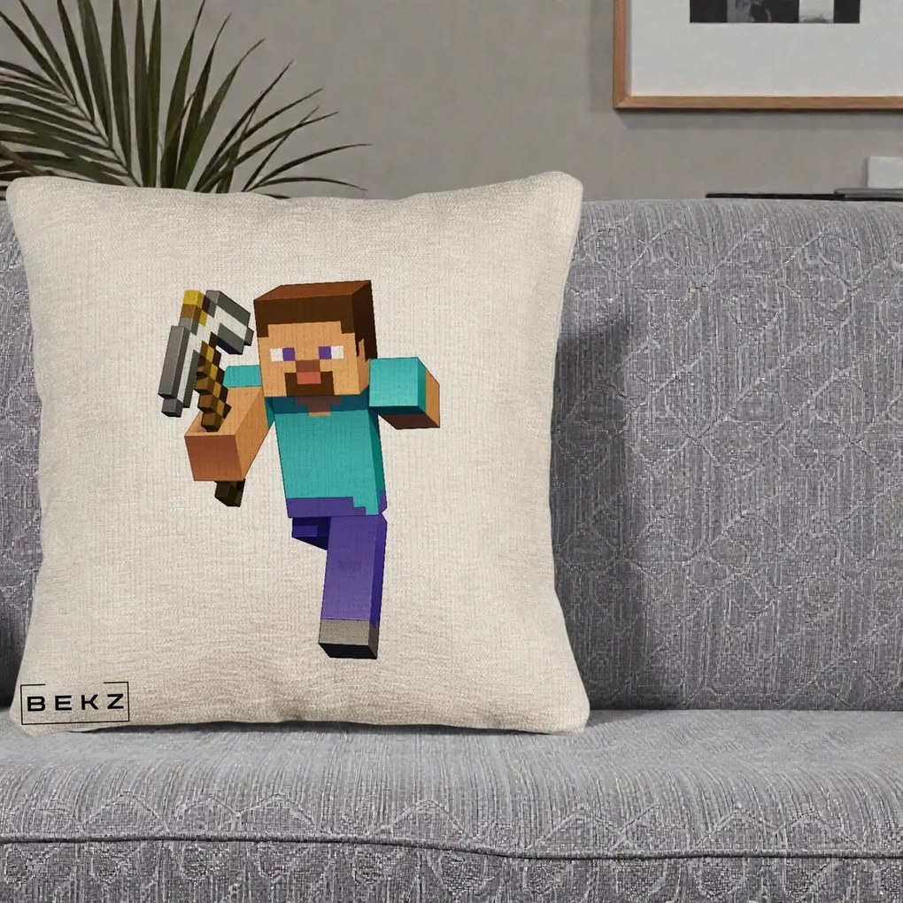Perna Personalizata Minecraft Steve, 40x40 cm, Bej Canapea, Husa Detasabila, Perna Inclusa, BEKZ®