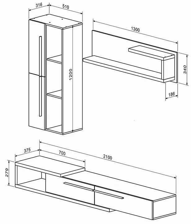 Mobilier Calvados 210 cm de perete - stejar/ anthracite