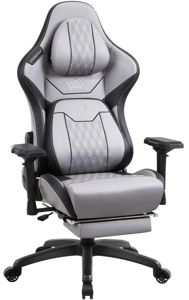 DOWINX Scaun gaming, ergonomic, spătar înalt, tetiera confortabilă, suport lombar, cotiere 4D, suport picioare, rezistent 150 kg, piele PU, Gri