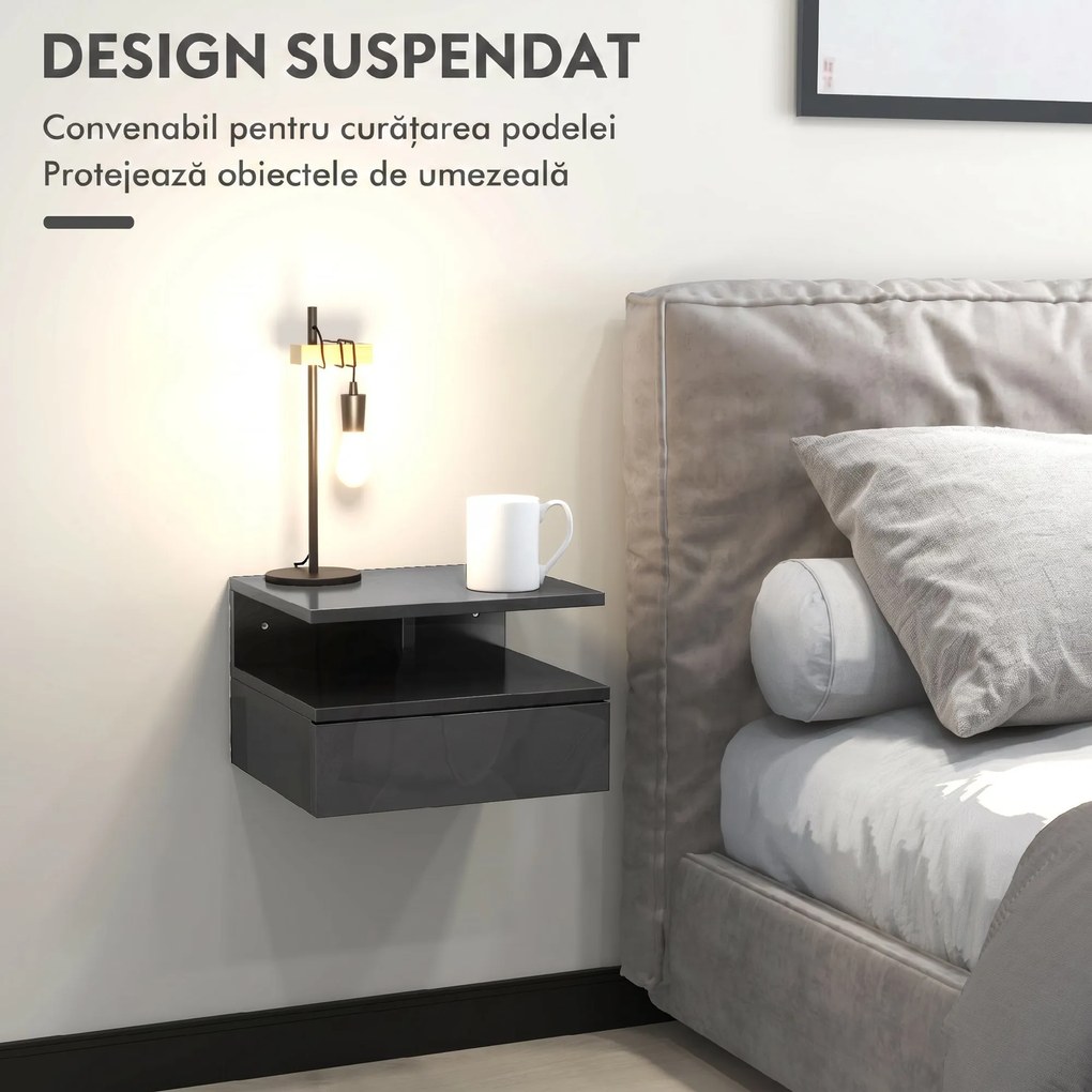 HOMCOM Set de 2 Noptiere Moderne Suspendate pentru Dormitor cu Sertar și Raft, 35x32x22,5 cm, Negru Lucios | Aosom Romania