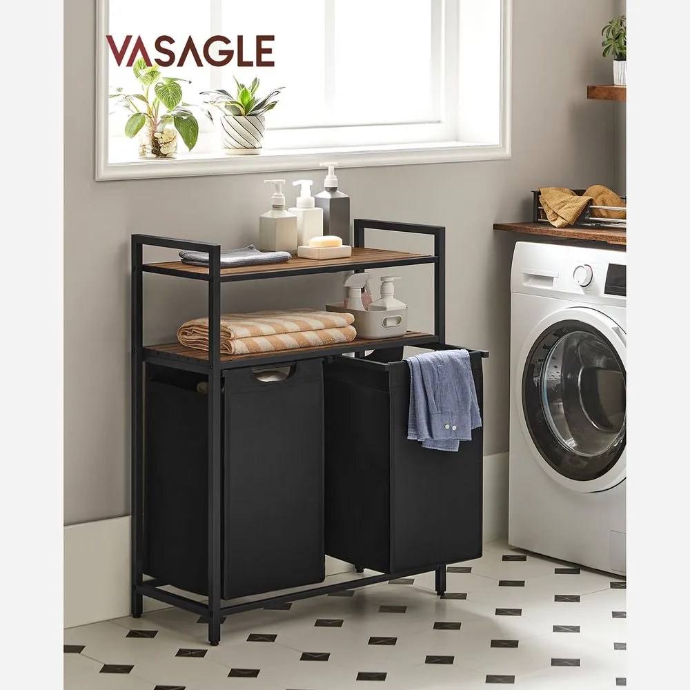 Coș de rufe cu 2 polițe BERGEN, 2x46L, negru/maro Vasagle