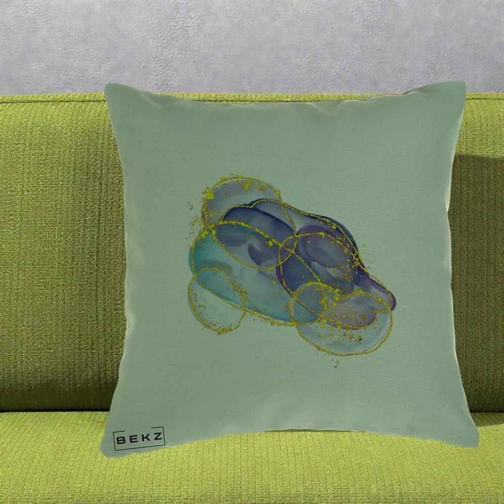 Perna Decorativa Abstract Acuarela Albastru-Mov cu Cercuri Aurii, 40x40 cm, Verde, Husa Detasabila, Perna Inclusa, BEKZ®