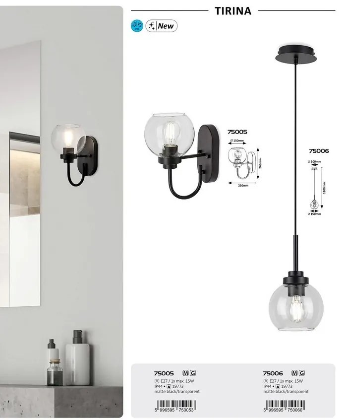 Pendul pentru baie design modern IP44 Tirina negru