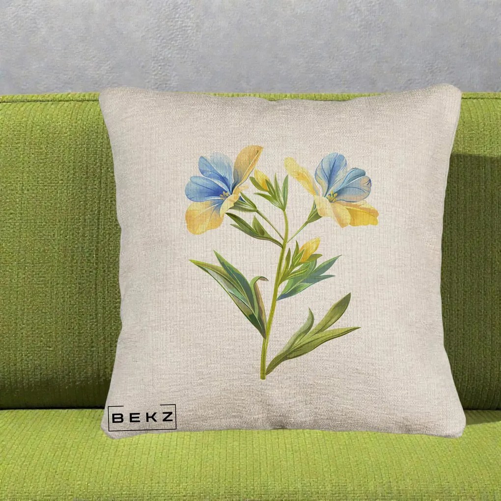 Perna Decorativa Botanica Frezie Galbena si Albastra, 40x40 cm, Bej Canapea, Husa Detasabila, Perna Inclusa, BEKZ®