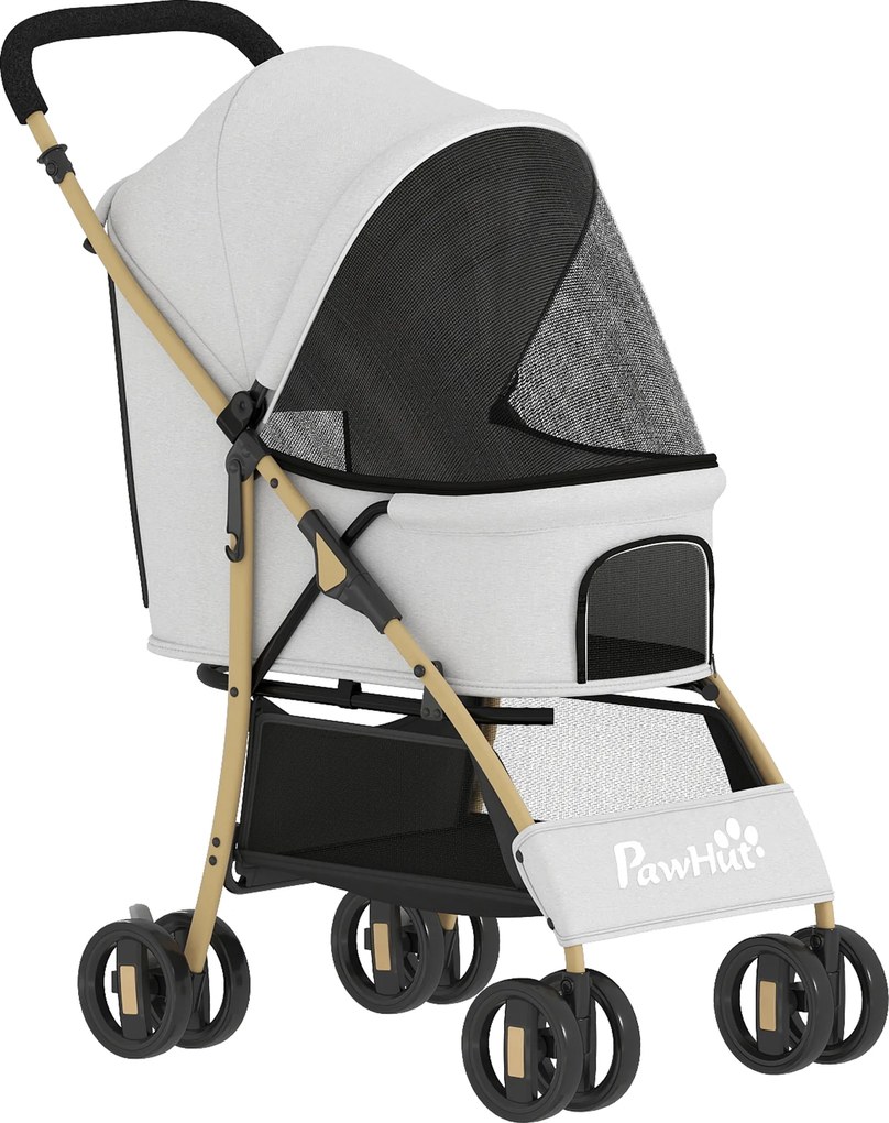 PawHut Cărucior pentru animale de companie cu 2 uși, fereastră din plasă, coș de depozitare, curea de siguranță, 80x44,5x97 cm, Gri deschis | Aosom Romania