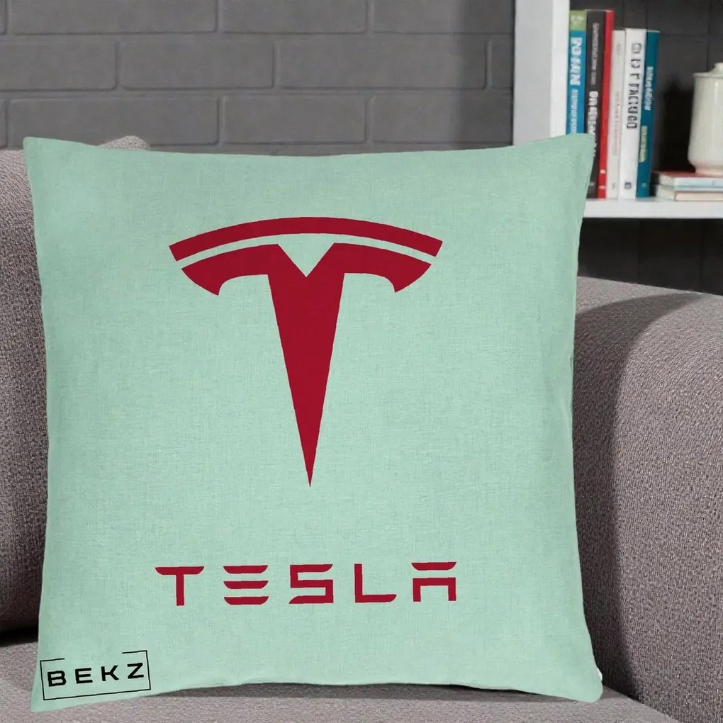 Perna Personalizata cu emblema Tesla, 40x40 cm, Verde Menta, Husa Detasabila, Perna Inclusa, BEKZ®
