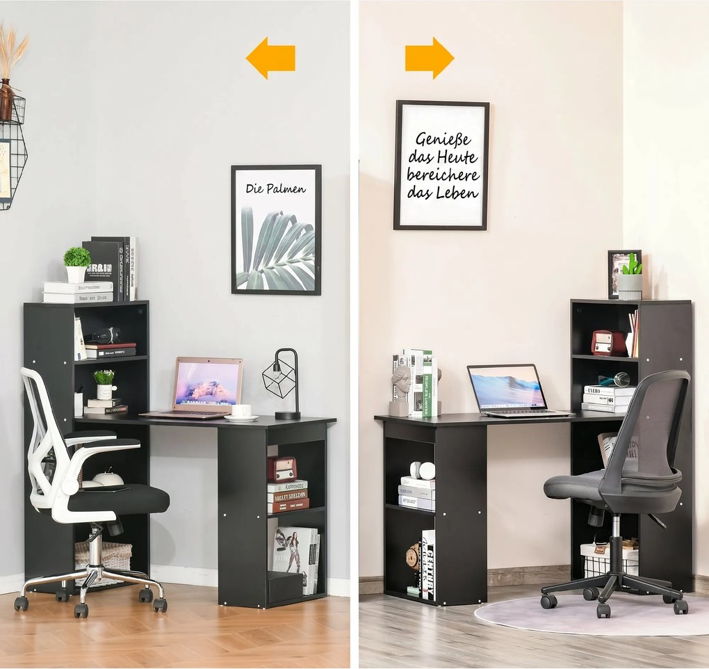 Birou Modern pentru Acasa cu Rafturi de Depozitare pe 6 Niveluri, Masa de Scris cu Raft pentru Carti, Negru HOMCOM | Aosom Romania
