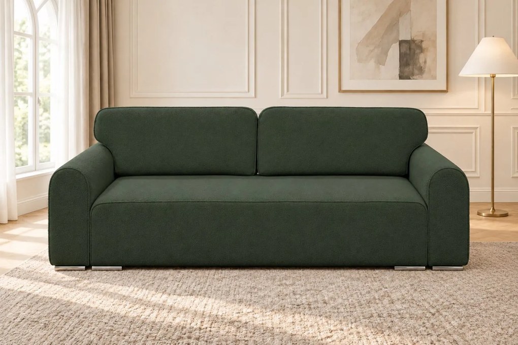 Canapea extensibilă Fiorella din boucle, verde, cu ladă de depozitare