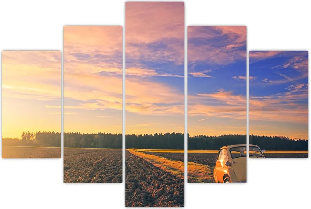 Tablou - Mașină galbenă ăn câmp (150x105 cm)