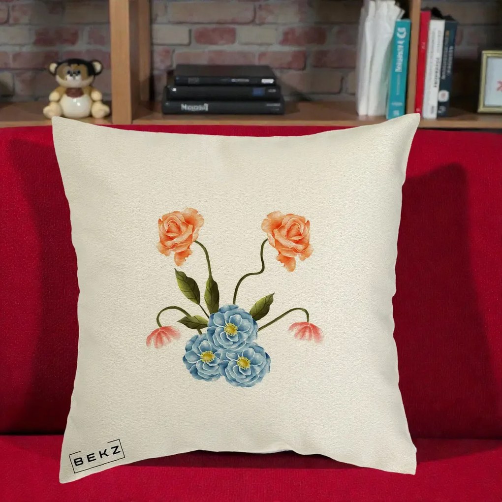 Perna Decorativa Trandafiri si Bujori Acuarela, 40x40 cm, Ecru, Husa Detasabila, Perna Inclusa, BEKZ®
