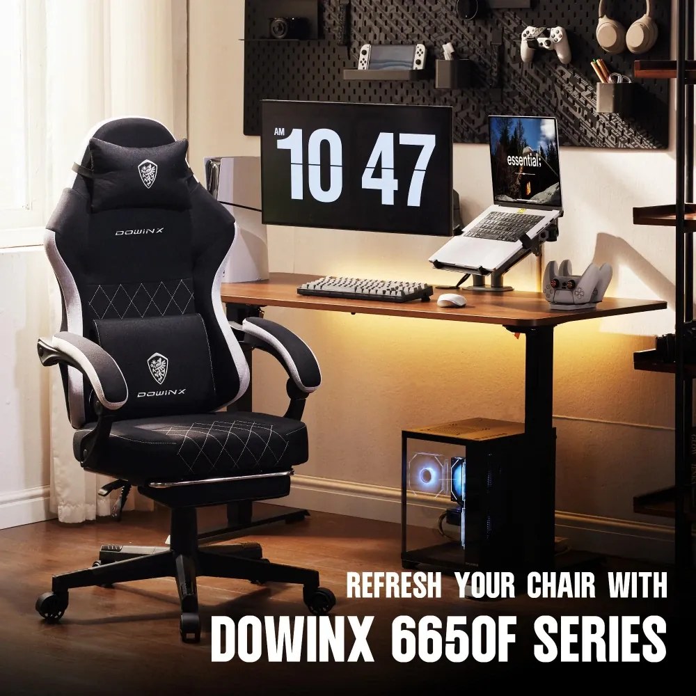 DOWINX 6650F - Scaun Gaming Ergonomic, Masaj in perna lombara, Șezut cu Arcuri Metalice și Spumă, Suport pentru picioare, Rabatabil 90°–135°, Rezistent 136 kg, Material textil, Negru