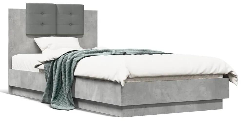 3210069 vidaXL Cadru de pat cu tăblie și lumini LED, gri beton, 75x190 cm
