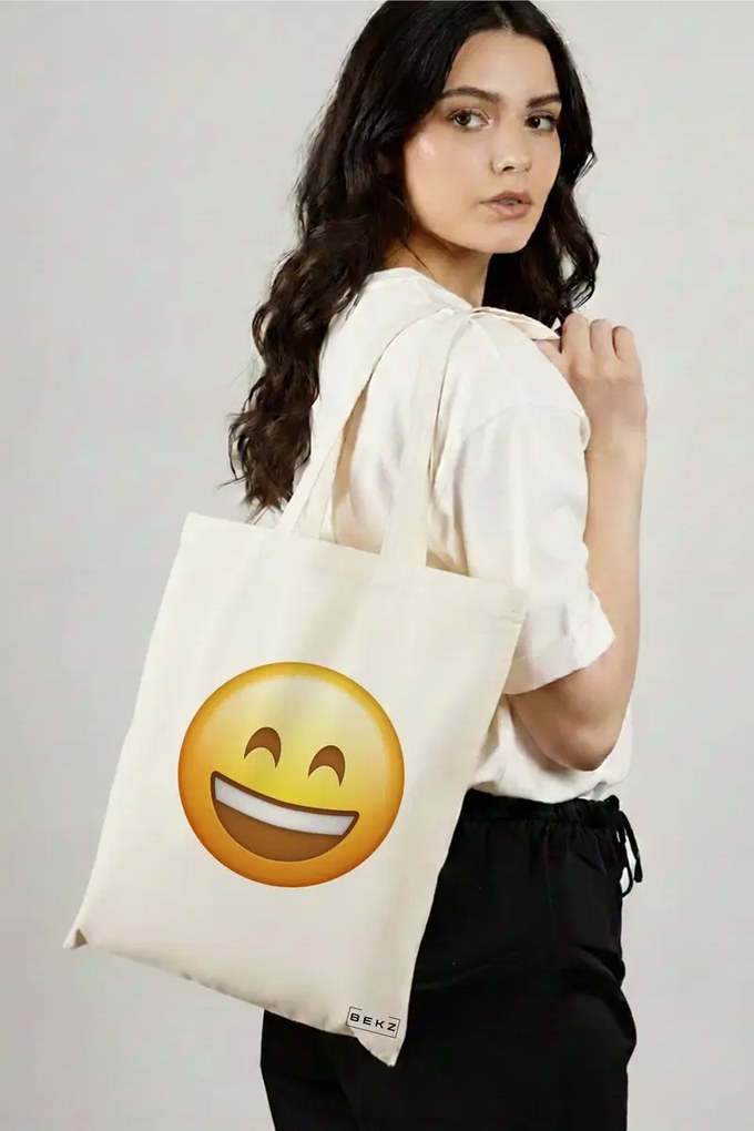 Sacosa de Panza pentru Cumparaturi, Geanta Tote, model Happy Emoji, 38x34.5 cm, Alba, BEKZ®